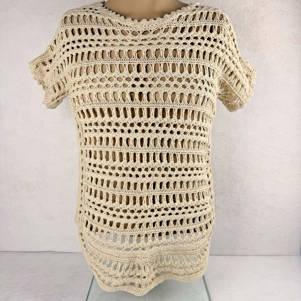 Chicos Linen Cotton Blend Open Crochet Knit Sweater Size 0 Small Beige Cream Top
